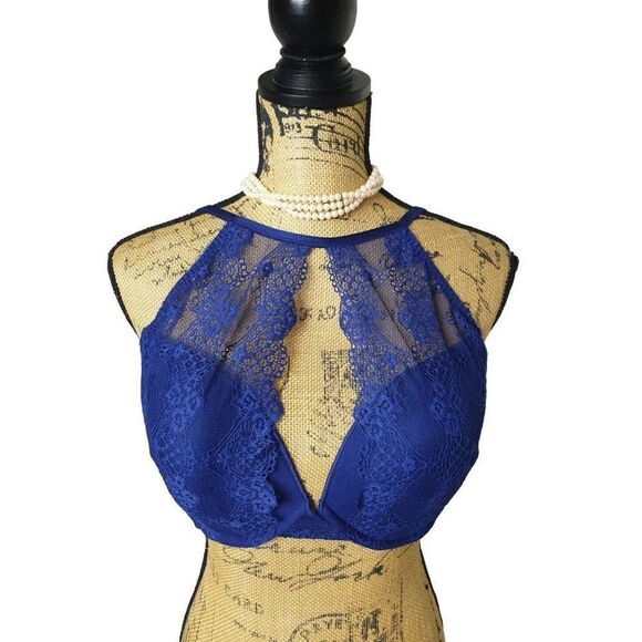 Women's Bralette 38DD Blue High Neck Lace Crochet Overlay T Back Royal Blue 38E - Picture 5 of 7